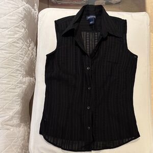 Ann Taylor Sheer Black Sleeveless Lacy Blouse with Collar and Button Front